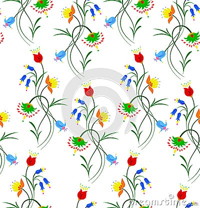 Vector illustration of seamless fantasy flower pattern on white background. Cartoon Illustration