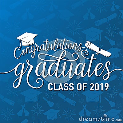 Vector illustration on seamless graduations background congratulations graduates 2019 class of, white sign for the Vector Illustration