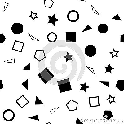 Vector illustration of a seamless pattern of black and white simple shapes - squares, triangles, circles and stars on a Vector Illustration