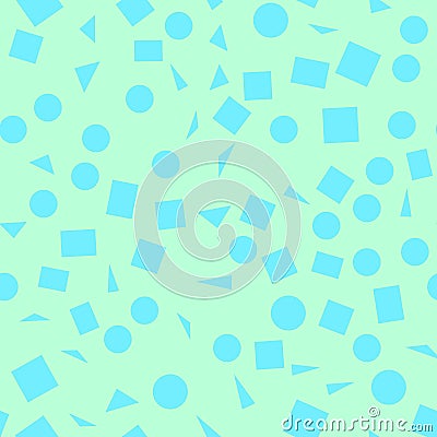 Vector illustration of a seamless pattern of blue simple shapes - squares, triangles, circles on a light green Vector Illustration