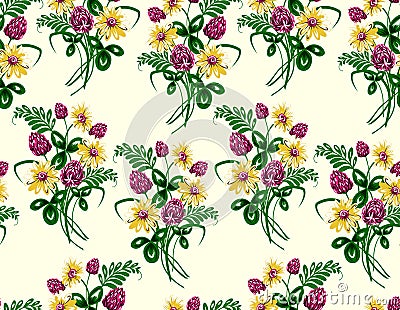 Vector illustration of seamless pattern of bouquet made from wildflowers. Cartoon Illustration