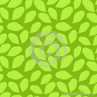 Vector illustration: Seamless pattern with cherry leaves on green background Vector Illustration