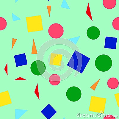 Vector illustration of a seamless pattern of colorful simple shapes - squares, triangles, circles on a light green Vector Illustration