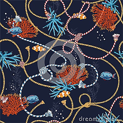 Vector illustration Seamless pattern with corals and animal trasure. Marine motif sailor mood background. Design in nautical style Vector Illustration