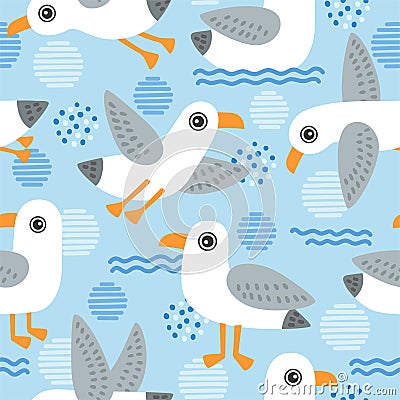 Vector illustration seamless pattern with cute seagulls on a blue background with abstract spots and dots Vector Illustration