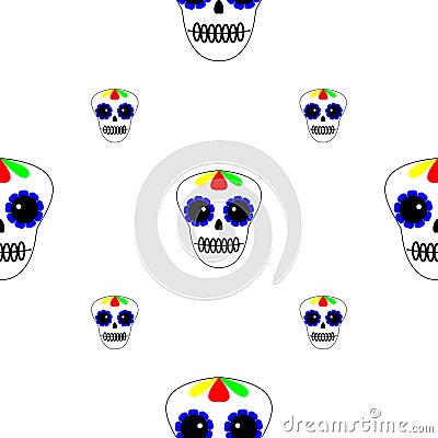 Vector illustration. Seamless pattern. Day of the dead. Dia de los muertos icons on white background. Set of colourful sculls. Cartoon Illustration