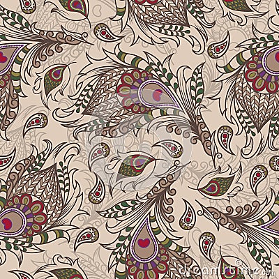 Seamless pattern of decorative feathers in ethnic style. Abstract background of peacock feathers, fabulous birds in beige tones. Vector Illustration