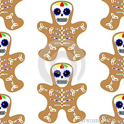 Vector illustration. Seamless pattern. Gingerbread man decorated colored icing. Holiday cookie in shape of man. Day of Vector Illustration