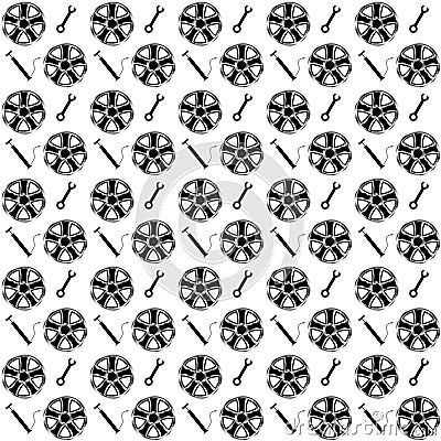 Vector illustration seamless pattern of rims with gradient metal parts, wrenches and automobile pumps on a white background Cartoon Illustration