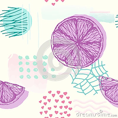 Vector illustration seamless pattern with violet orange or tangerin slises. And memphis summer style. Good for wrapping and Vector Illustration