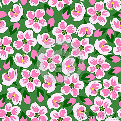 Vector illustration of seamless pink blossom pattern on green background. Vector Illustration