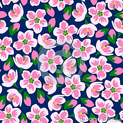Vector illustration of seamless pink blossom pattern. Cartoon Illustration