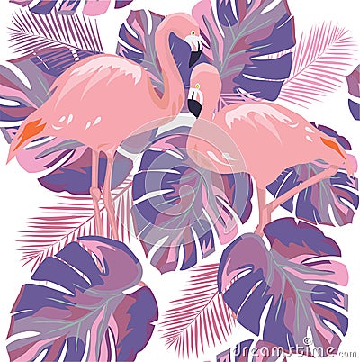 Vector Flamingo Tropical Leaves Ultra Violet Background Vector Illustration
