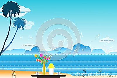 Vector illustration seascape background with coffee near Vases a Cartoon Illustration