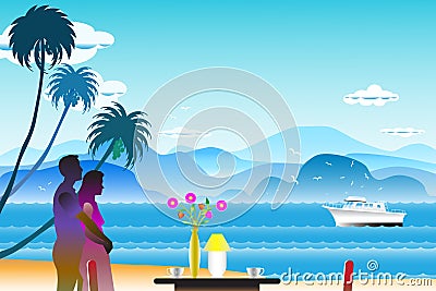 Vector illustration seascape background with the lovers Cartoon Illustration