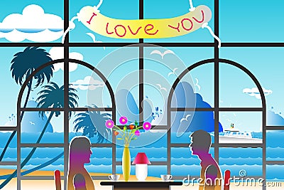 Vector illustration seascape background with the lovers near win Cartoon Illustration