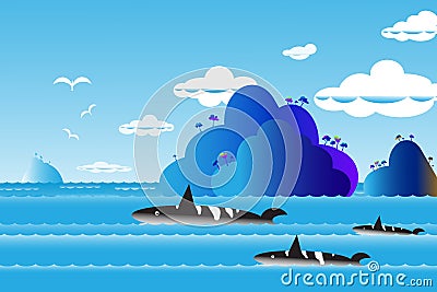 Vector illustration seascape background over sea with the whale Cartoon Illustration