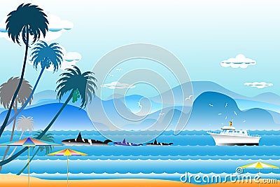 Vector illustration seascape background travel over sea with um Cartoon Illustration