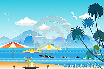 Vector illustration seascape background travel over sea with umbrella. Cartoon Illustration