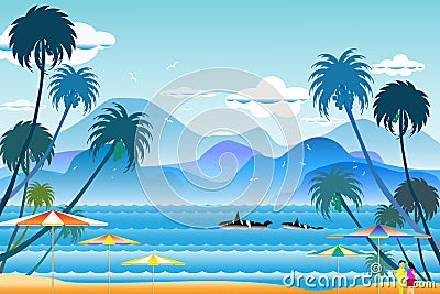 Vector illustration seascape background travel over sea with umbrella. Cartoon Illustration