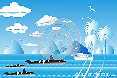 Vector illustration seascape background travel over sea with wh Cartoon Illustration