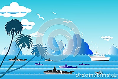 Vector illustration seascape background travel over sea with wh Cartoon Illustration