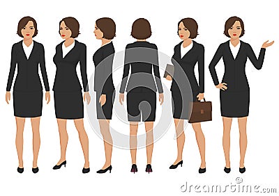 Secretary woman cartoon character, front, back and side view of businesswoman Vector Illustration