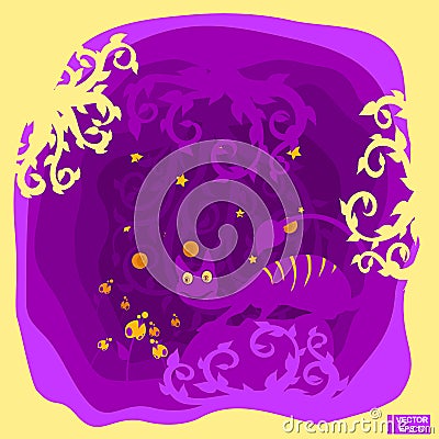 Purple monster looks and flower Vector Illustration