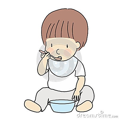 Vector illustration of self-feeding toddler. Little kid learning to eat food in bowl with spoon by self. Childhood developme Cartoon Illustration