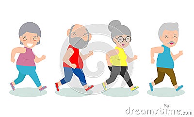 Vector Illustration of senior couple running in a park. old man and old lady run. senior runner, gym or outdoor healthy lifestyle. Vector Illustration