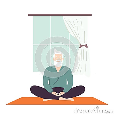 Vector illustration senior man with gray hair beard sitting on a yoga mat in lotus pose meditating. Stress management Vector Illustration