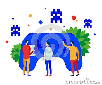 Gamedev in progress. The development team is working on the creation of games. Vector Illustration