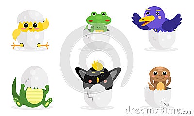 Vector Illustration Set With Adorable New Born Animals In Eggs Vector Illustration