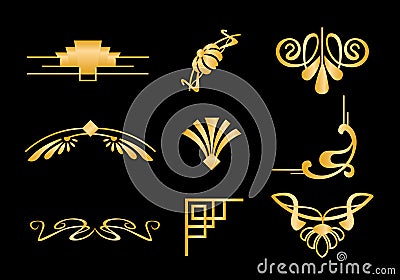 Vector illustration set of art deco borders elements and frames in golden color, texture of shiny gold. Vector Illustration