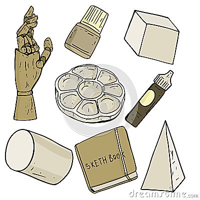 Vector illustration set of assorted artist tools in soft warm grey and brown color, palette, wooden arm, paint bottle, gypsum Vector Illustration