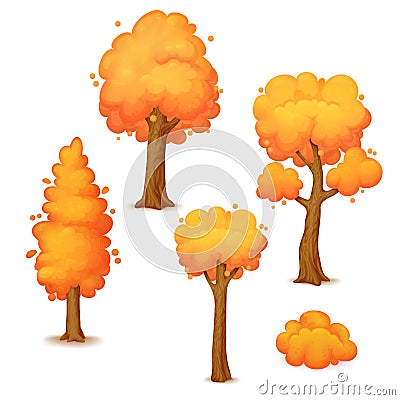 Set of autumn trees with yellow-orange foliage. Vector Illustration