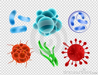 Vector illustration set of bacterias and virus, parasites, close up microscopic cells isolated on transparent background Vector Illustration