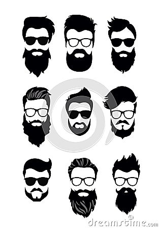 Vector illustration of set of vector bearded men faces, hipsters with different haircuts, mustaches, beards. Silhouettes Vector Illustration