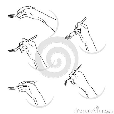 Vector illustration set black outline hands silhouette hold forks Vector Illustration