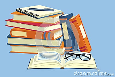 A stack of books and notebooks, glasses Vector Illustration