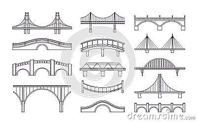 Vector illustration set of bridges icons. Types of bridges. Linear style icon collection of different bridges. Possible Vector Illustration
