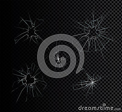 Vector illustration set of broken glass effects set with cracks and holes on dark transparent background, broken Vector Illustration