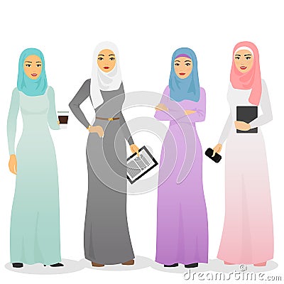 Vector illustration set of business arab women characters with hijab. Muslim female people. Vector Illustration