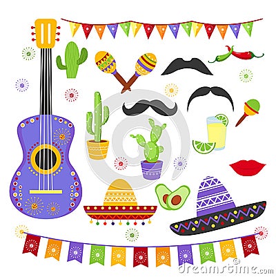 Vector illustration set of carnaval fiesta elements in bright colors and mexican style. Cinco de Mayo collection Vector Illustration