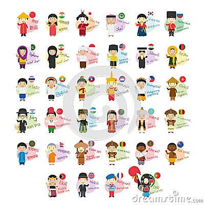 Set of cartoon characters saying hello and welcome in 34 languages spoken in Asia and Oceania Vector Illustration