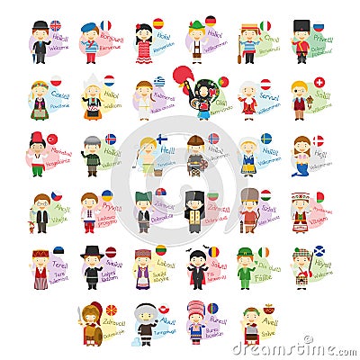 Set of cartoon characters saying hello and welcome in 34 languages spoken in Europe Vector Illustration