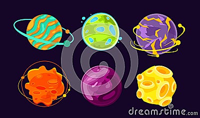 Vector illustration set of cartoon planets, Space, asteroid, colorful fantastic world icons. Vector Illustration