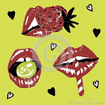 Vector illustration set of cartoon red lips and heart. Separated objects on yellow background Vector Illustration