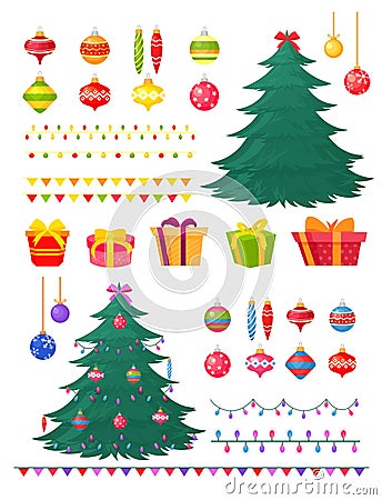 Vector illustration set of Christmas tree with decorations and gift boxes. Winter decore - toys, garlands, balls, xmas Vector Illustration