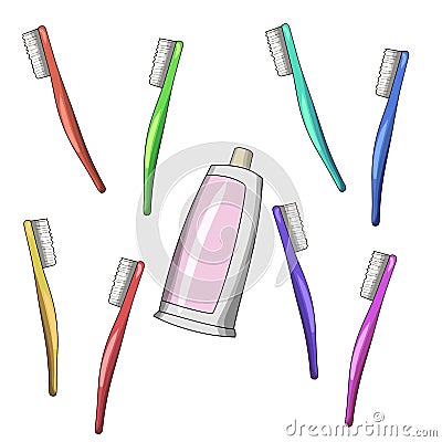 Vector illustration. A set of colorful toothbrushes and a tube of toothpaste, cartoon style Vector Illustration